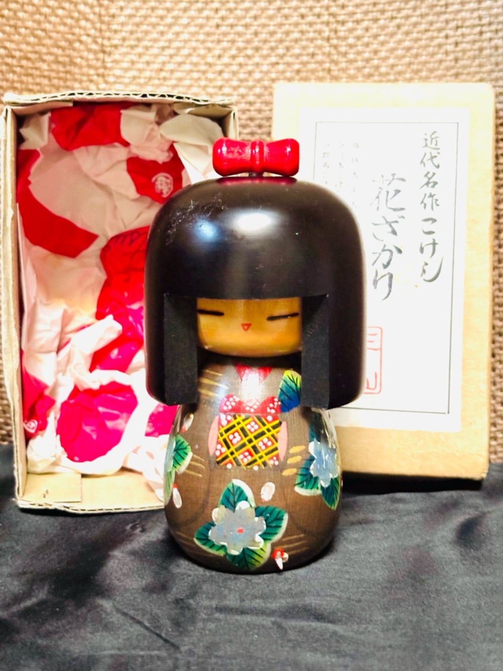 Vintage Japanese Kokeshi Doll with Red Bow